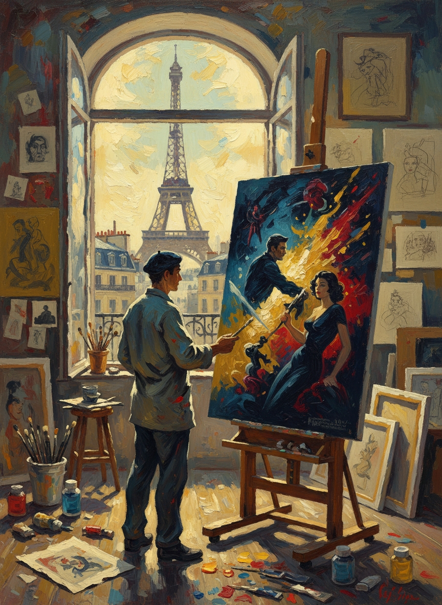 Painter creating a dramatic movie poster in a Paris studio