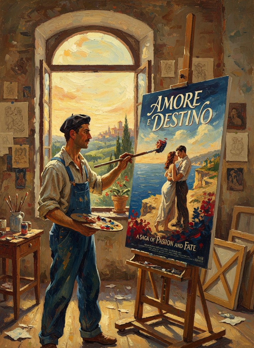 Italian artist painting a romantic movie poster
